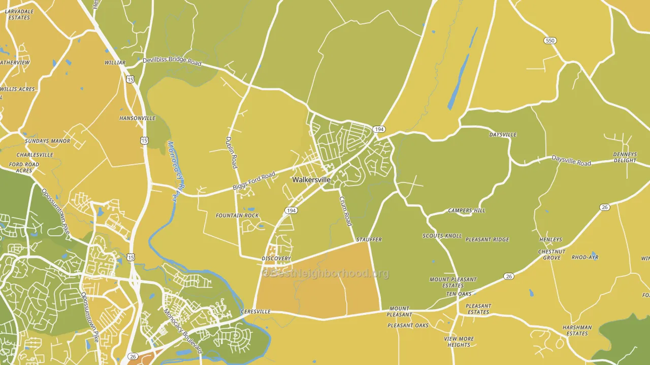 Map of the best neighborhoods in the 21793 area, with better matches in green and worse matches in red