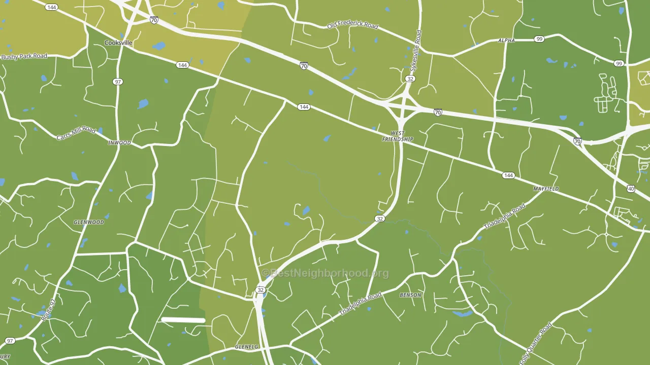Map of the best neighborhoods in the 21794 area, with better matches in green and worse matches in red