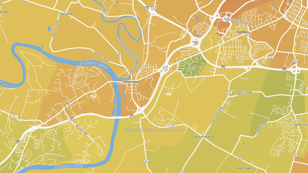 Map of the best neighborhoods in the 21795 area, with better matches in green and worse matches in red