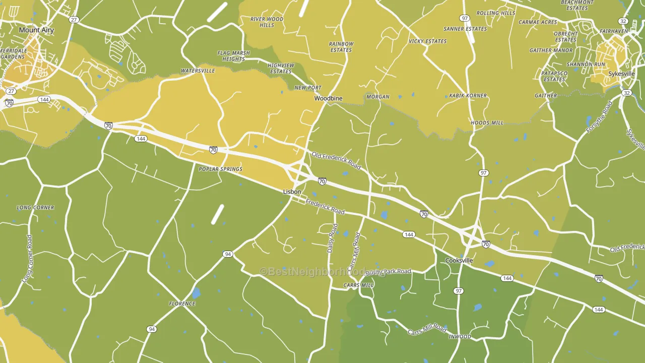 Map of the best neighborhoods in the 21797 area, with better matches in green and worse matches in red
