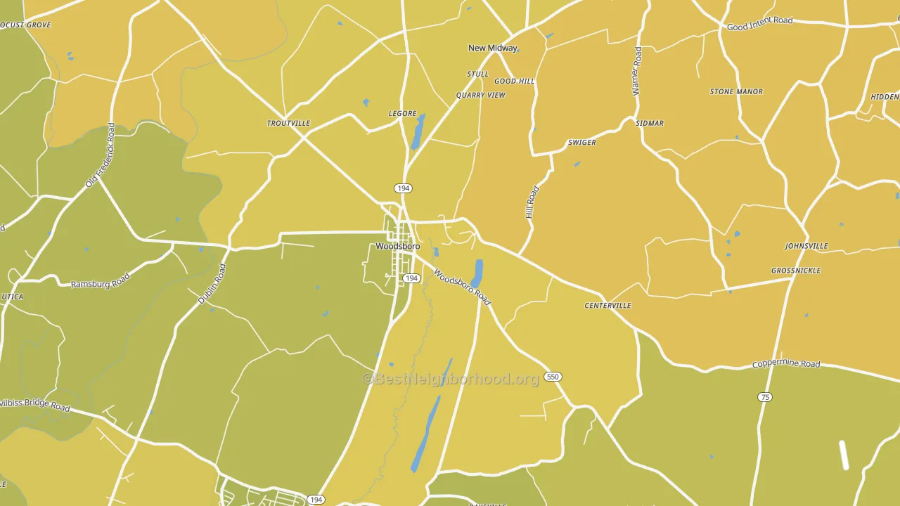 Map of the best neighborhoods in the 21798 area, with better matches in green and worse matches in red