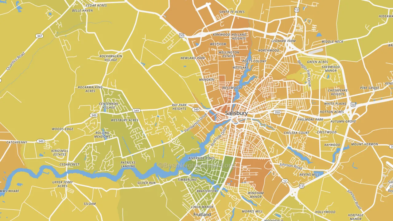 Map of the best neighborhoods in the 21801 area, with better matches in green and worse matches in red