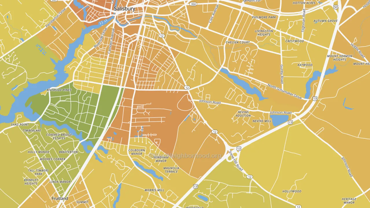 Map of the best neighborhoods in the 21802 area, with better matches in green and worse matches in red