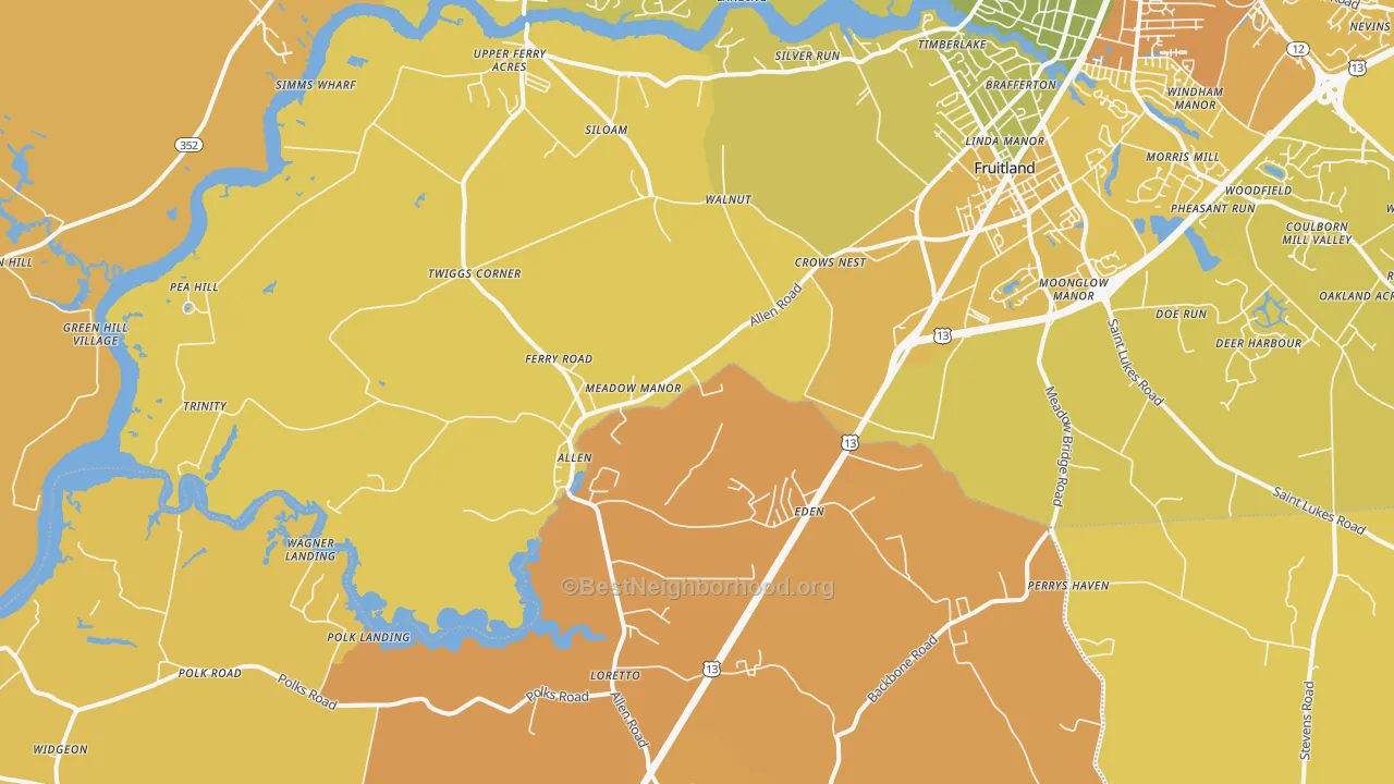 Map of the best neighborhoods in the 21822 area, with better matches in green and worse matches in red