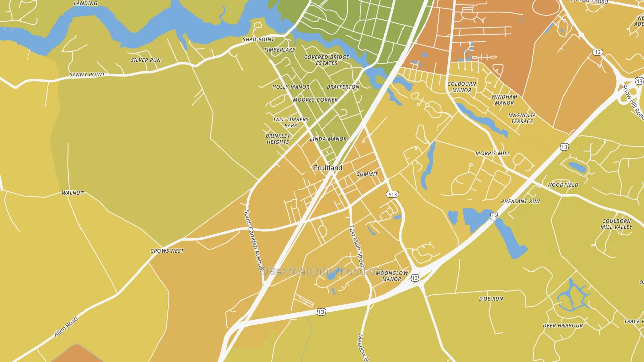 Map of the best neighborhoods in the 21826 area, with better matches in green and worse matches in red