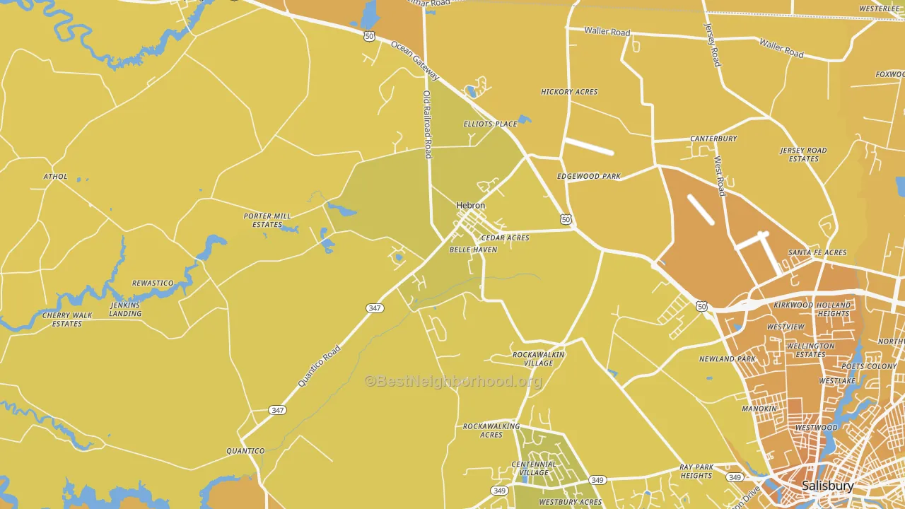 Map of the best neighborhoods in the 21830 area, with better matches in green and worse matches in red