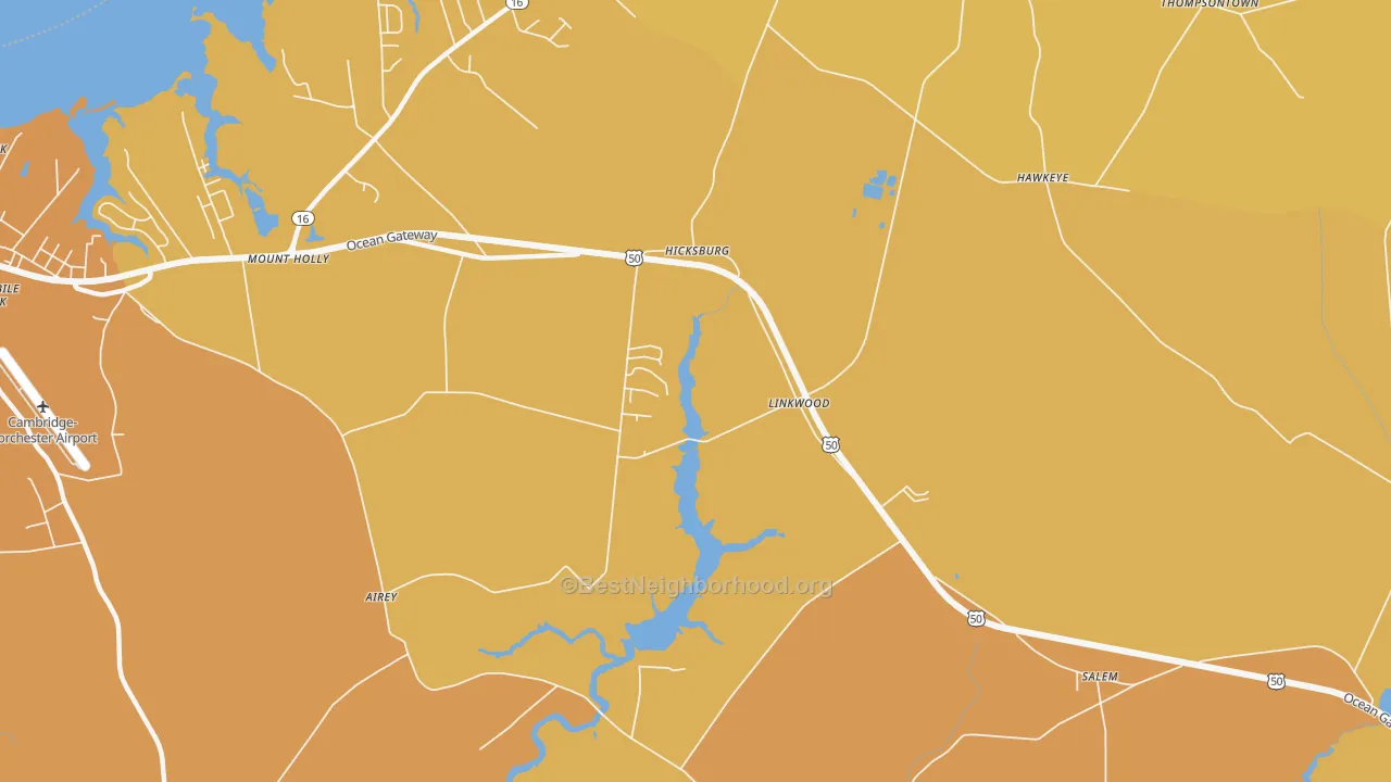 Map of the best neighborhoods in the 21835 area, with better matches in green and worse matches in red