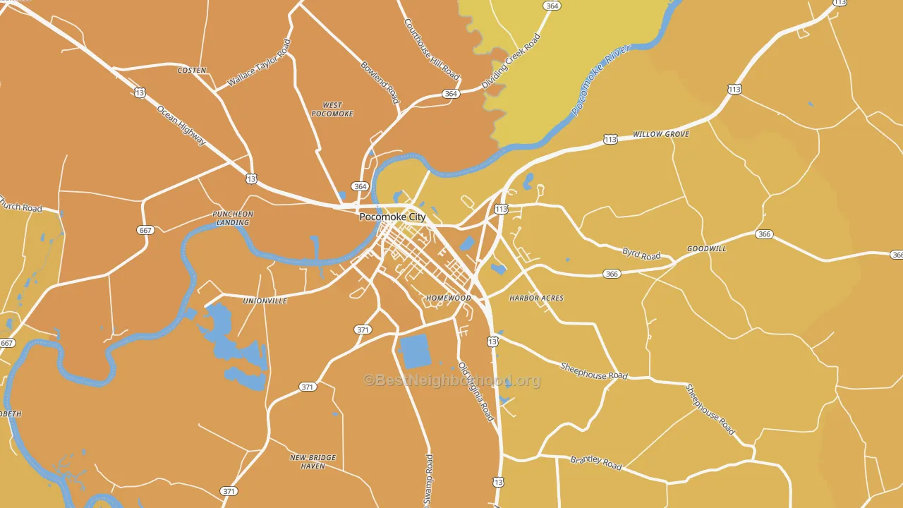 Map of the best neighborhoods in the 21851 area, with better matches in green and worse matches in red