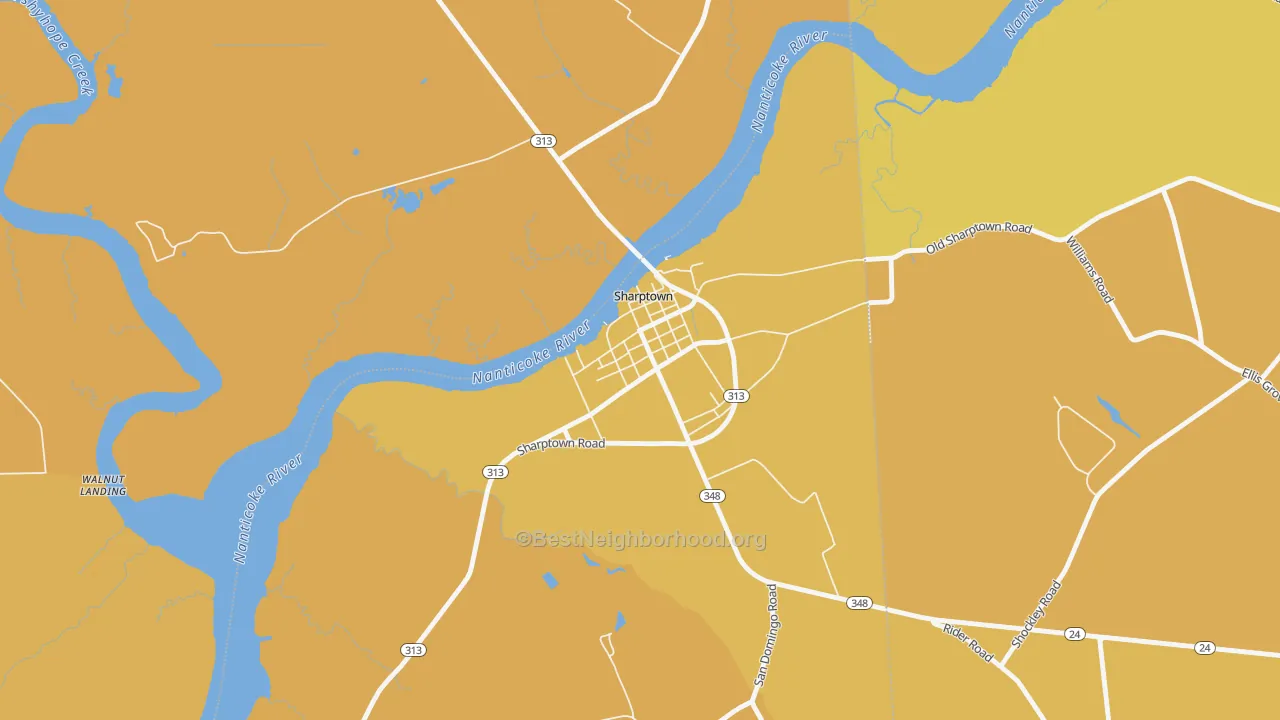 Map of the best neighborhoods in the 21861 area, with better matches in green and worse matches in red