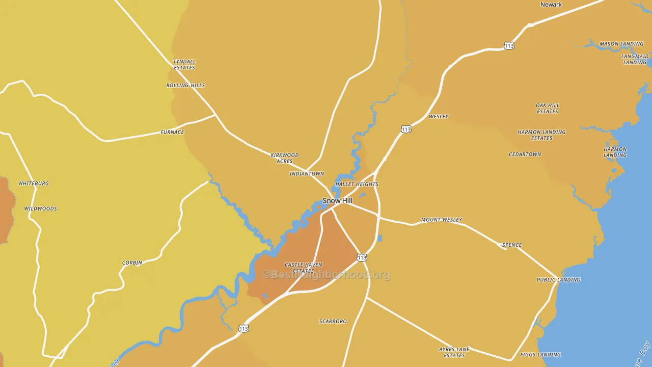 Map of the best neighborhoods in the 21863 area, with better matches in green and worse matches in red