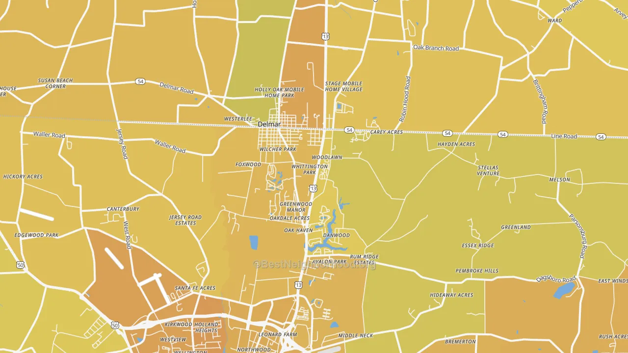 Map of the best neighborhoods in the 21875 area, with better matches in green and worse matches in red
