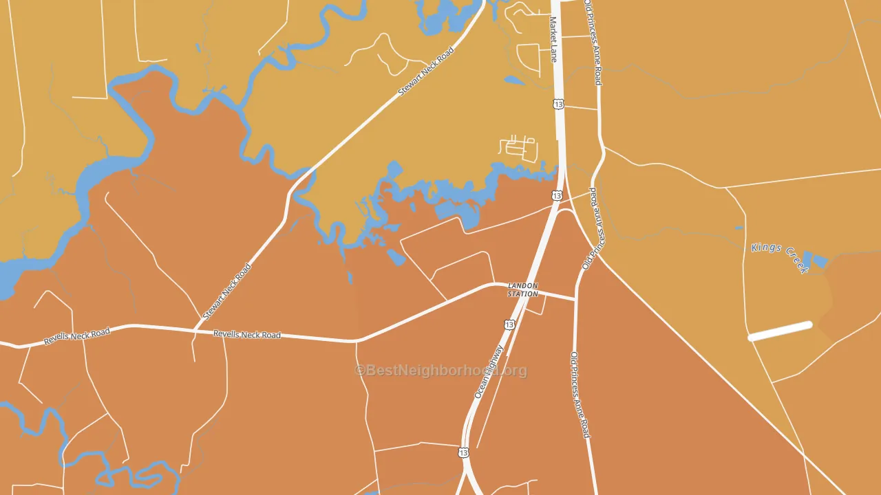 Map of the best neighborhoods in the 21890 area, with better matches in green and worse matches in red