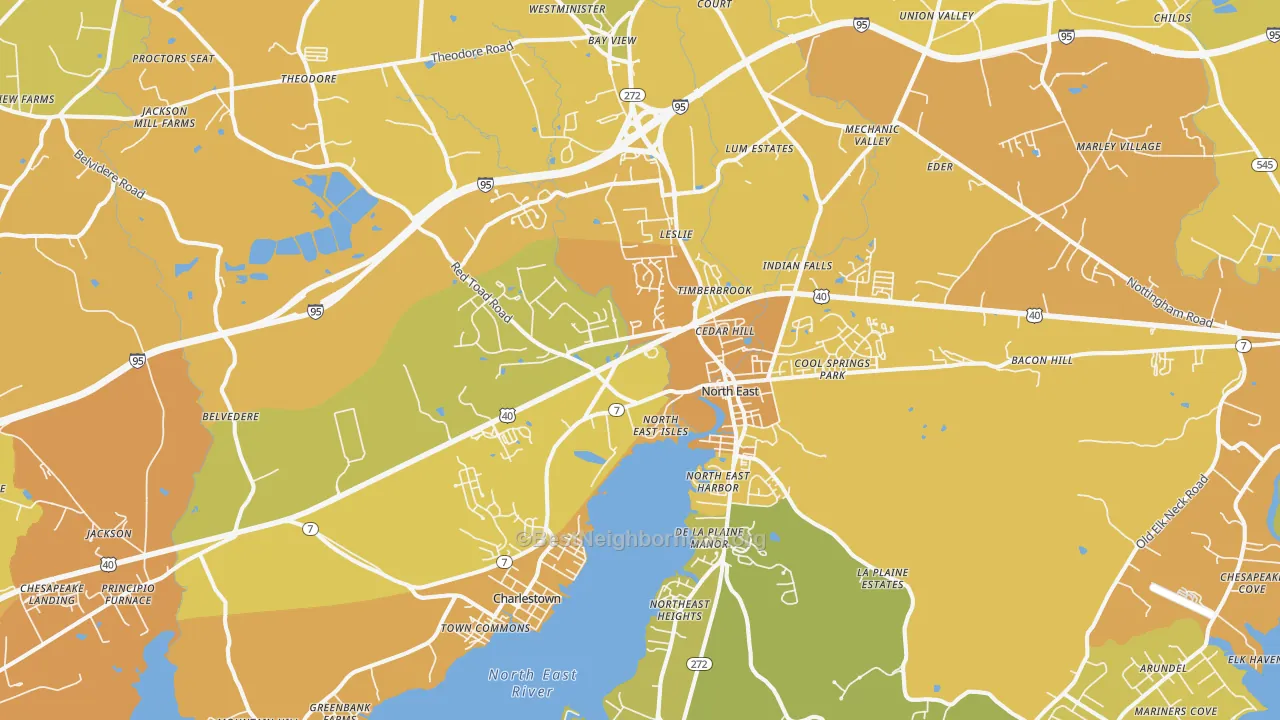 Map of the best neighborhoods in the 21901 area, with better matches in green and worse matches in red