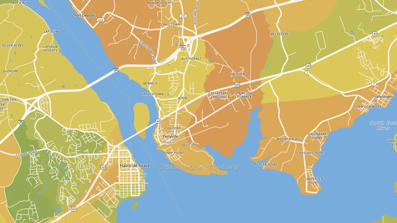 Map of the best neighborhoods in the 21903 area, with better matches in green and worse matches in red
