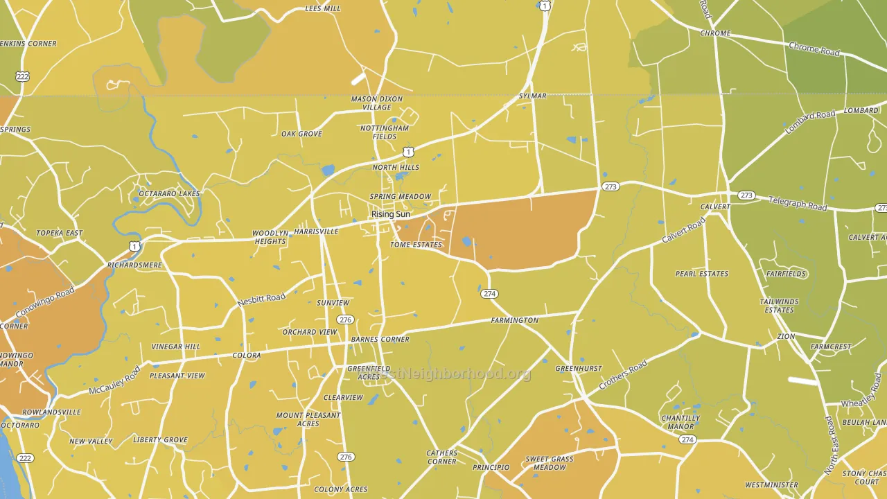 Map of the best neighborhoods in the 21911 area, with better matches in green and worse matches in red