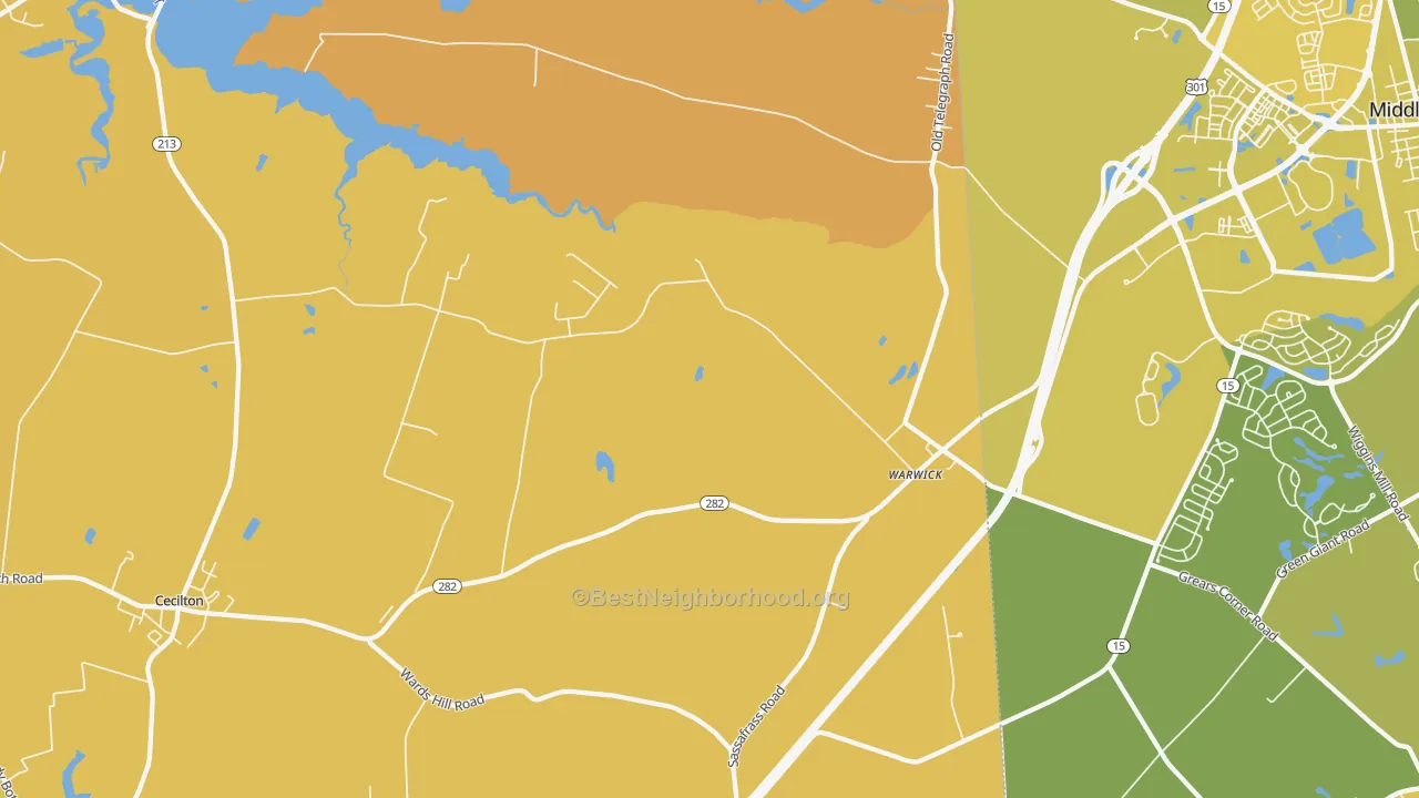 Map of the best neighborhoods in the 21912 area, with better matches in green and worse matches in red