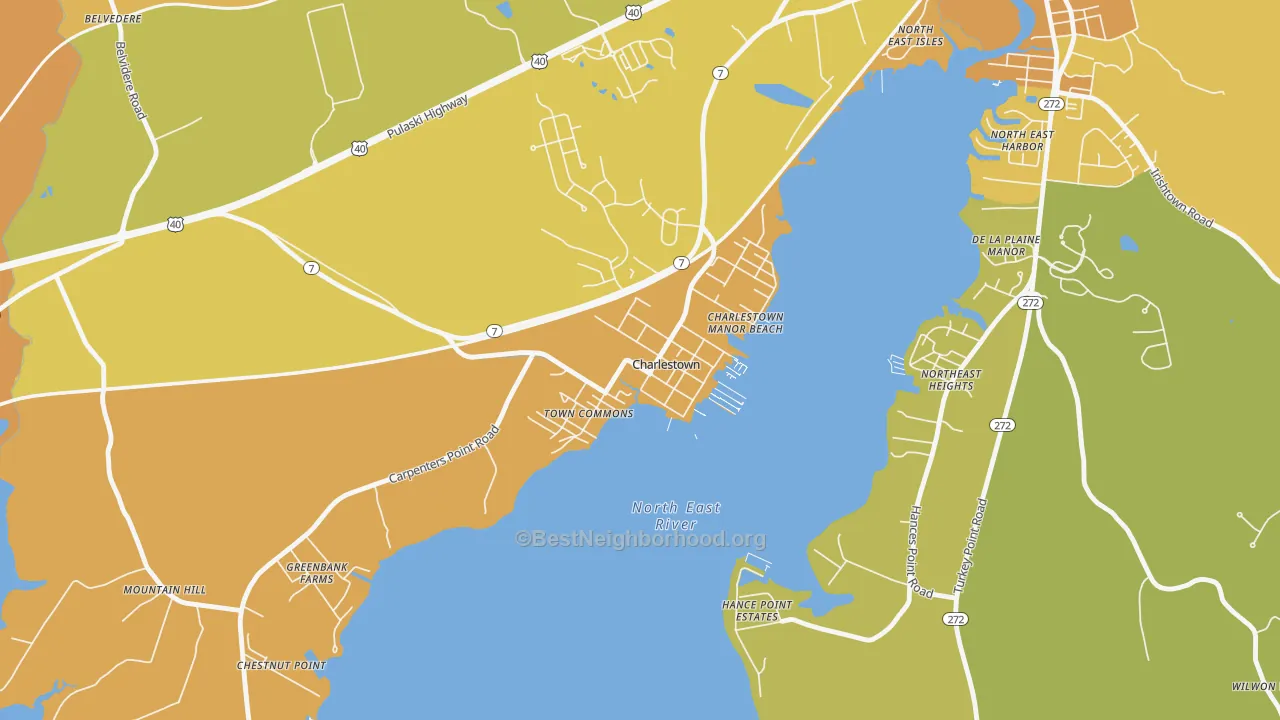 Map of the best neighborhoods in the 21914 area, with better matches in green and worse matches in red