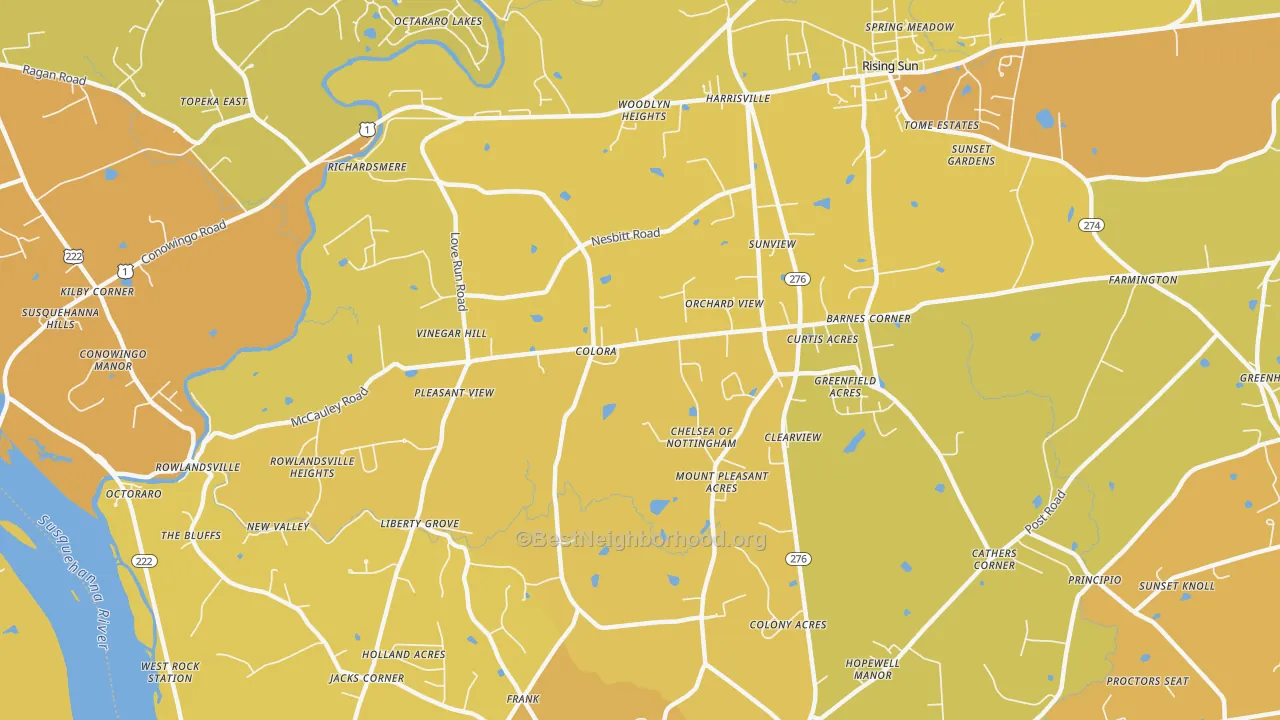 Map of the best neighborhoods in the 21917 area, with better matches in green and worse matches in red