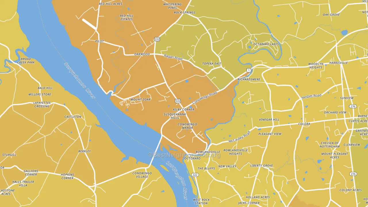 Map of the best neighborhoods in the 21918 area, with better matches in green and worse matches in red