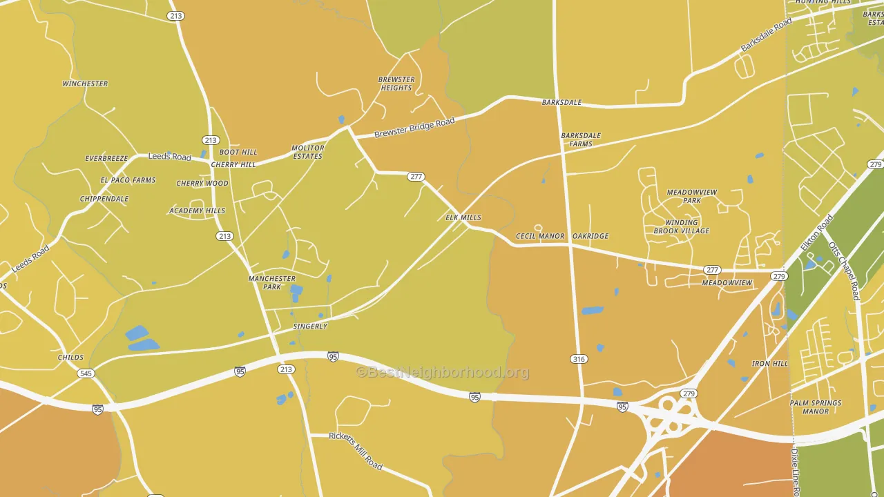 Map of the best neighborhoods in the 21920 area, with better matches in green and worse matches in red