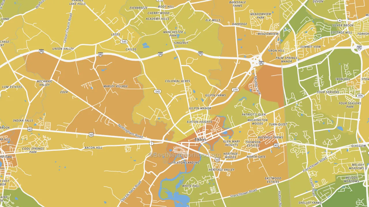 Map of the best neighborhoods in the 21921 area, with better matches in green and worse matches in red