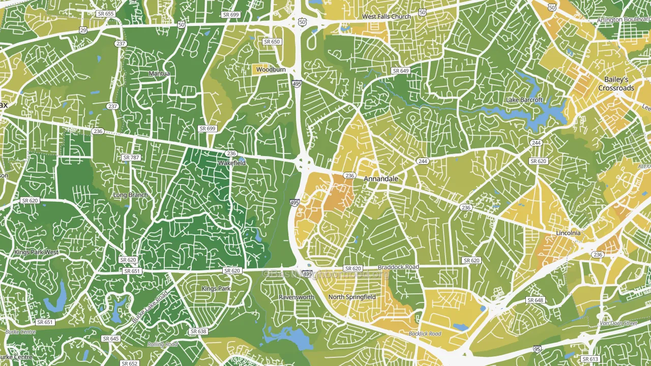 Map of the best neighborhoods in the 22003 area, with better matches in green and worse matches in red