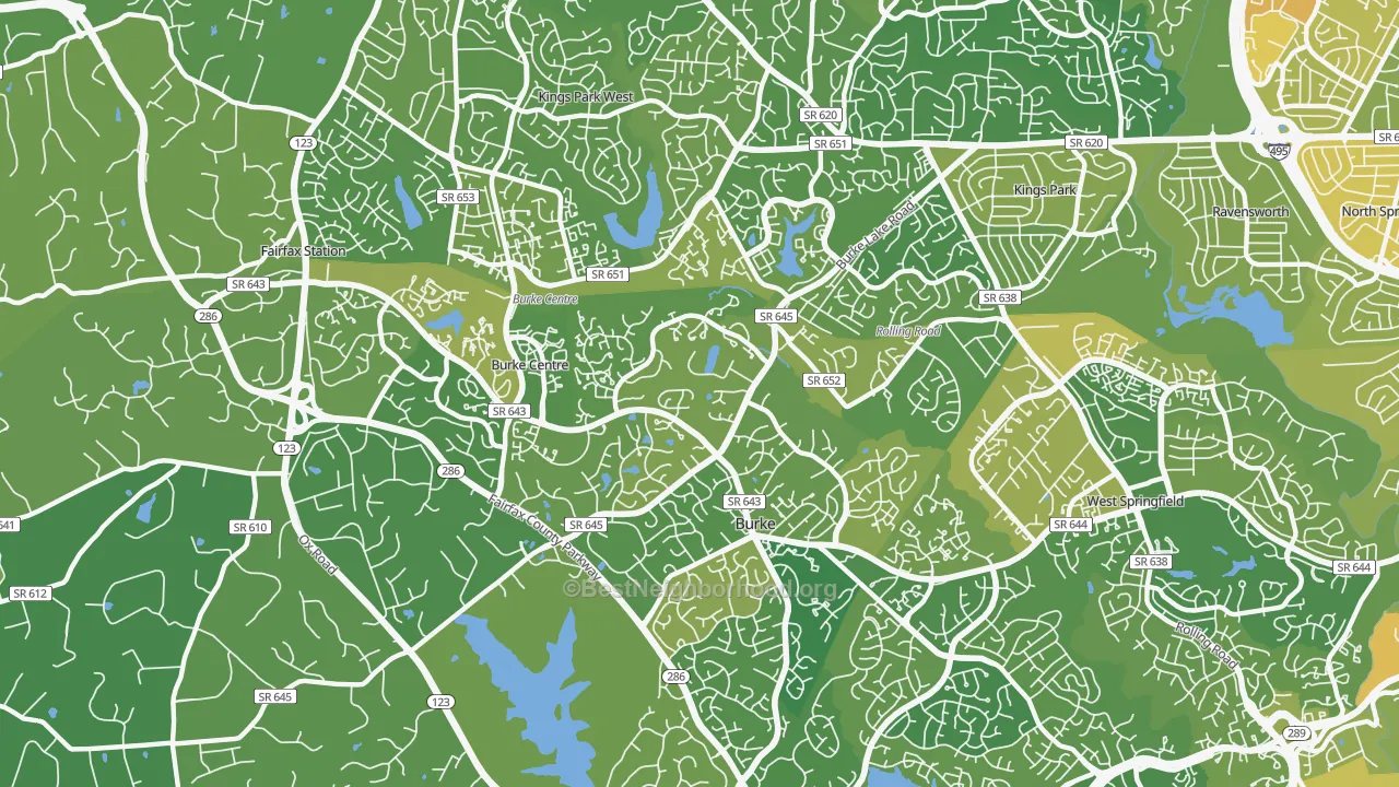 Map of the best neighborhoods in the 22015 area, with better matches in green and worse matches in red