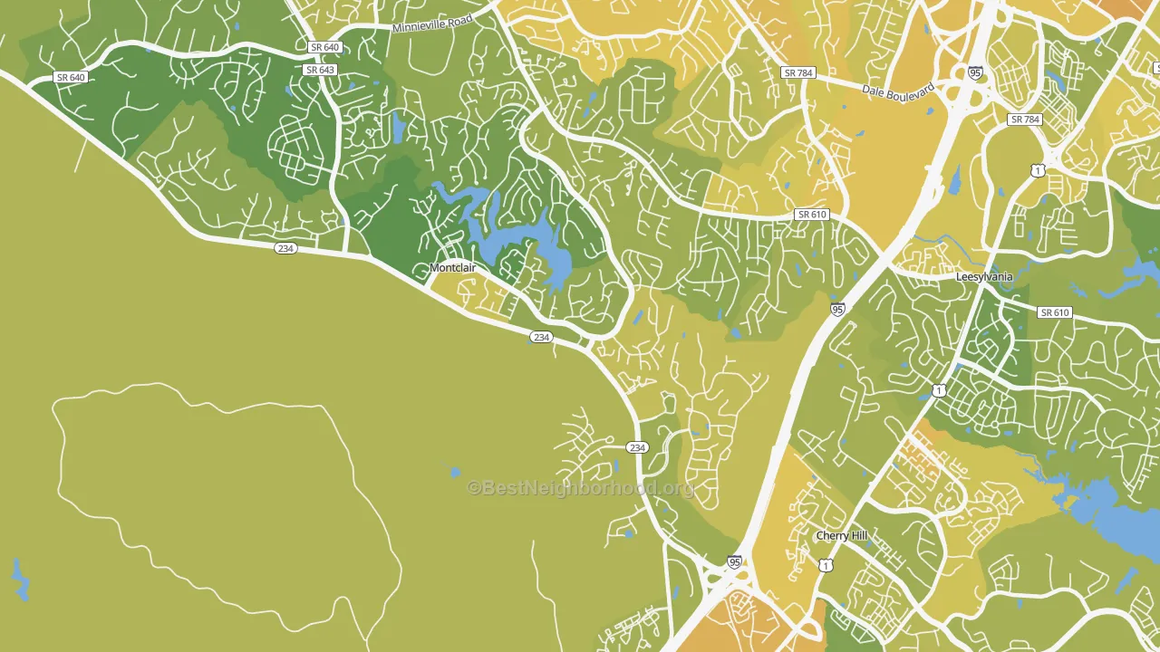 Map of the best neighborhoods in the 22025 area, with better matches in green and worse matches in red