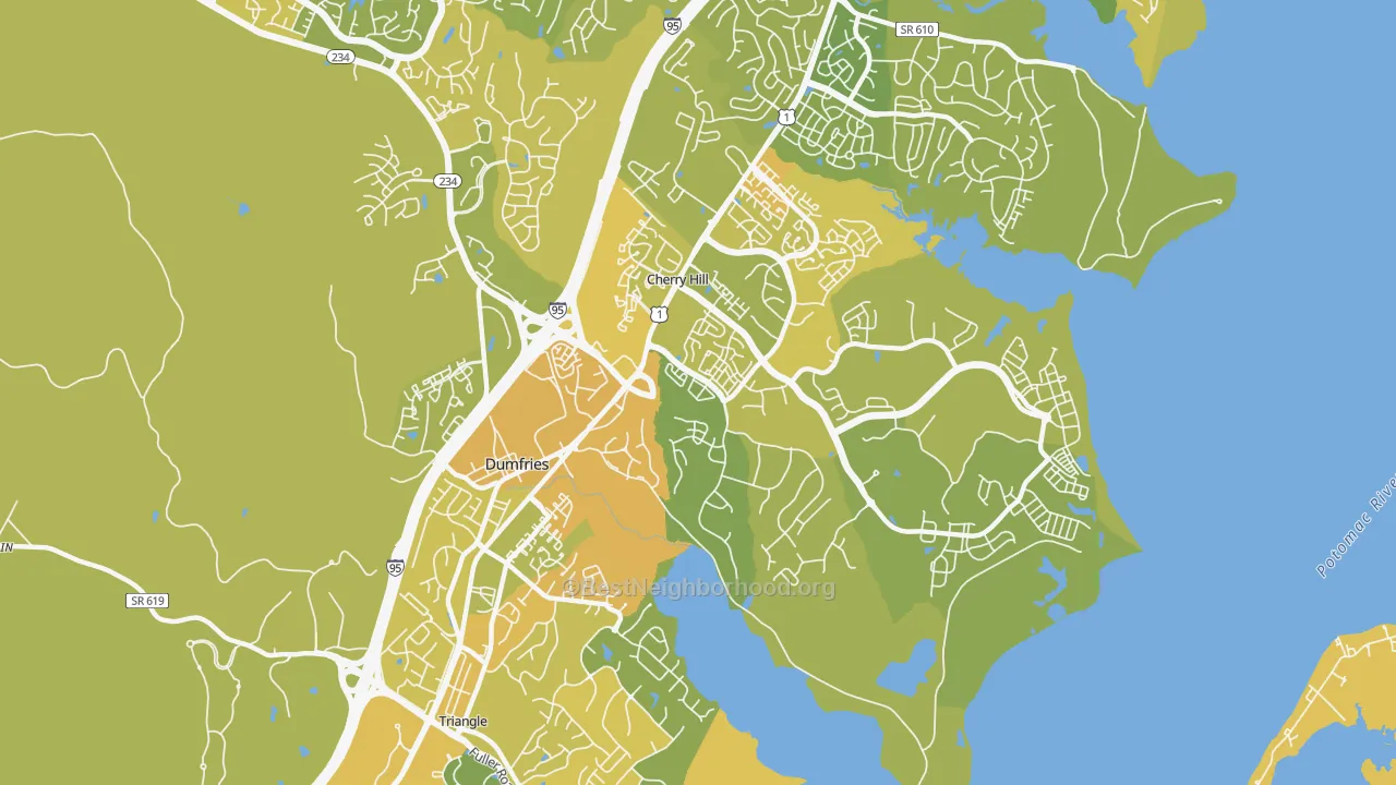 Map of the best neighborhoods in the 22026 area, with better matches in green and worse matches in red