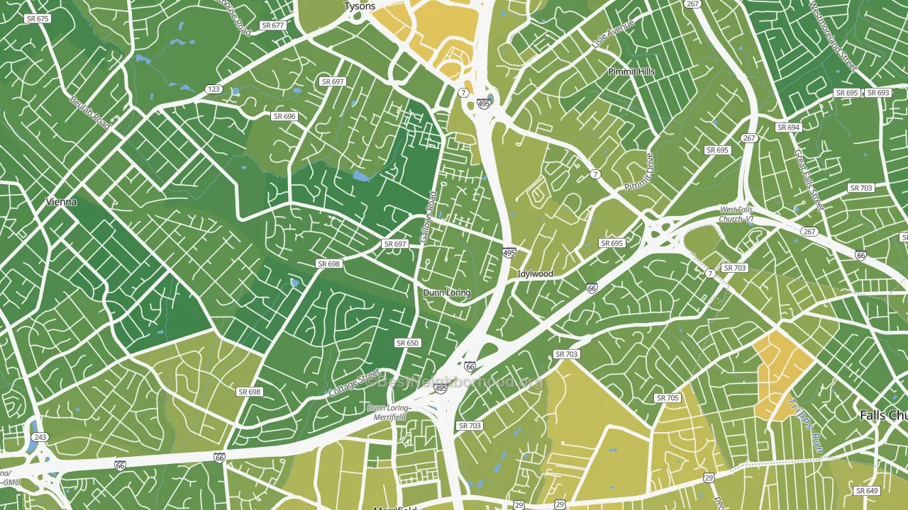 Map of the best neighborhoods in the 22027 area, with better matches in green and worse matches in red