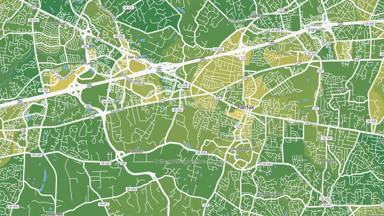 Map of the best neighborhoods in the 22030 area, with better matches in green and worse matches in red