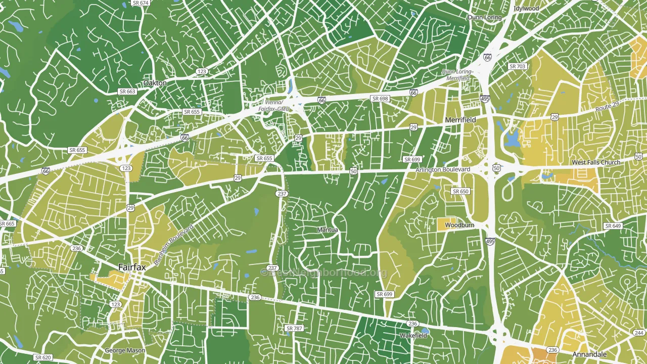 Map of the best neighborhoods in the 22031 area, with better matches in green and worse matches in red
