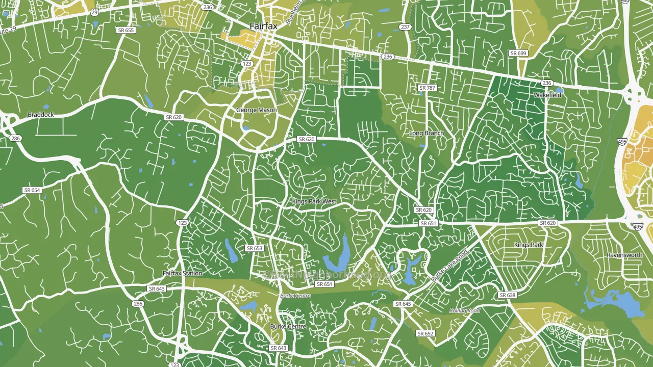 Map of the best neighborhoods in the 22032 area, with better matches in green and worse matches in red