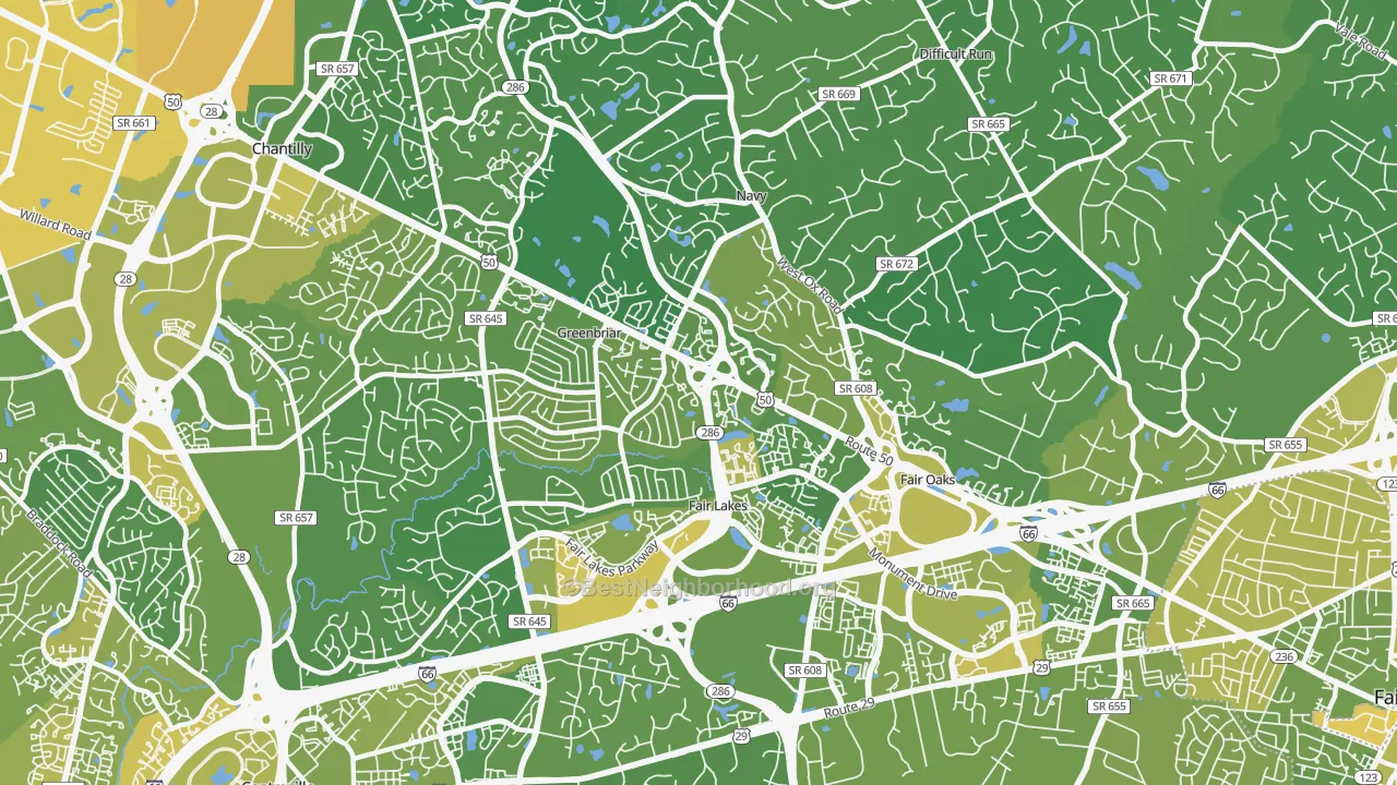 Map of the best neighborhoods in the 22033 area, with better matches in green and worse matches in red