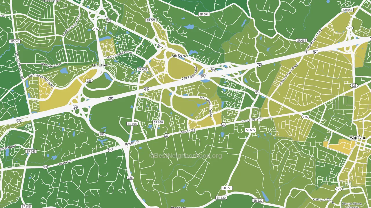 Map of the best neighborhoods in the 22035 area, with better matches in green and worse matches in red