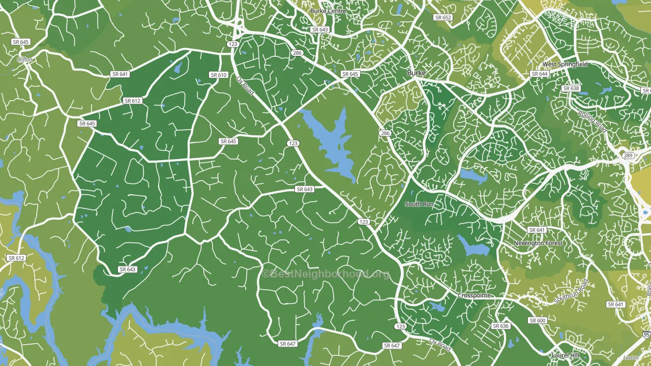 Map of the best neighborhoods in the 22039 area, with better matches in green and worse matches in red