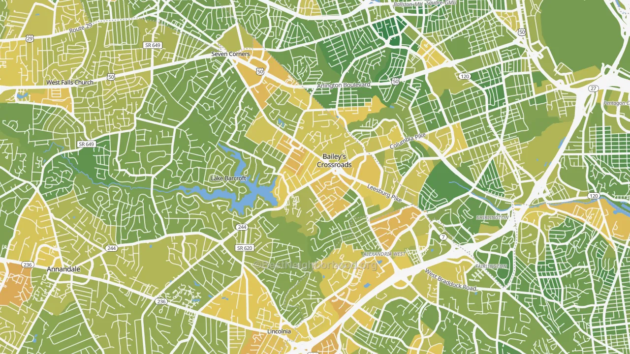 Map of the best neighborhoods in the 22041 area, with better matches in green and worse matches in red