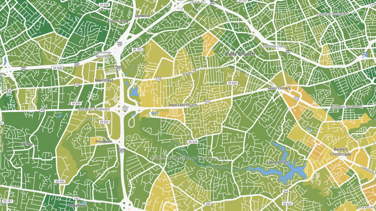 Map of the best neighborhoods in the 22042 area, with better matches in green and worse matches in red