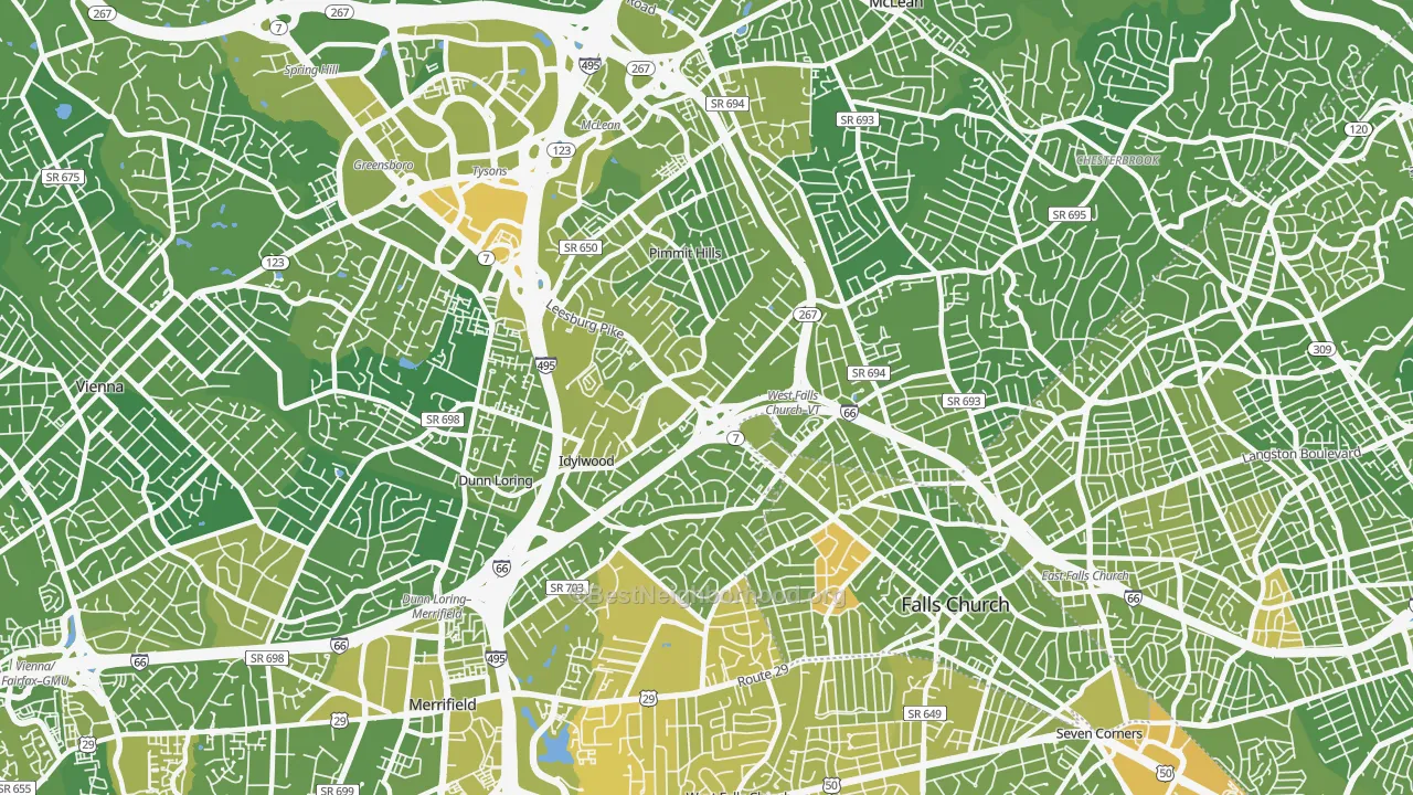 Map of the best neighborhoods in the 22043 area, with better matches in green and worse matches in red