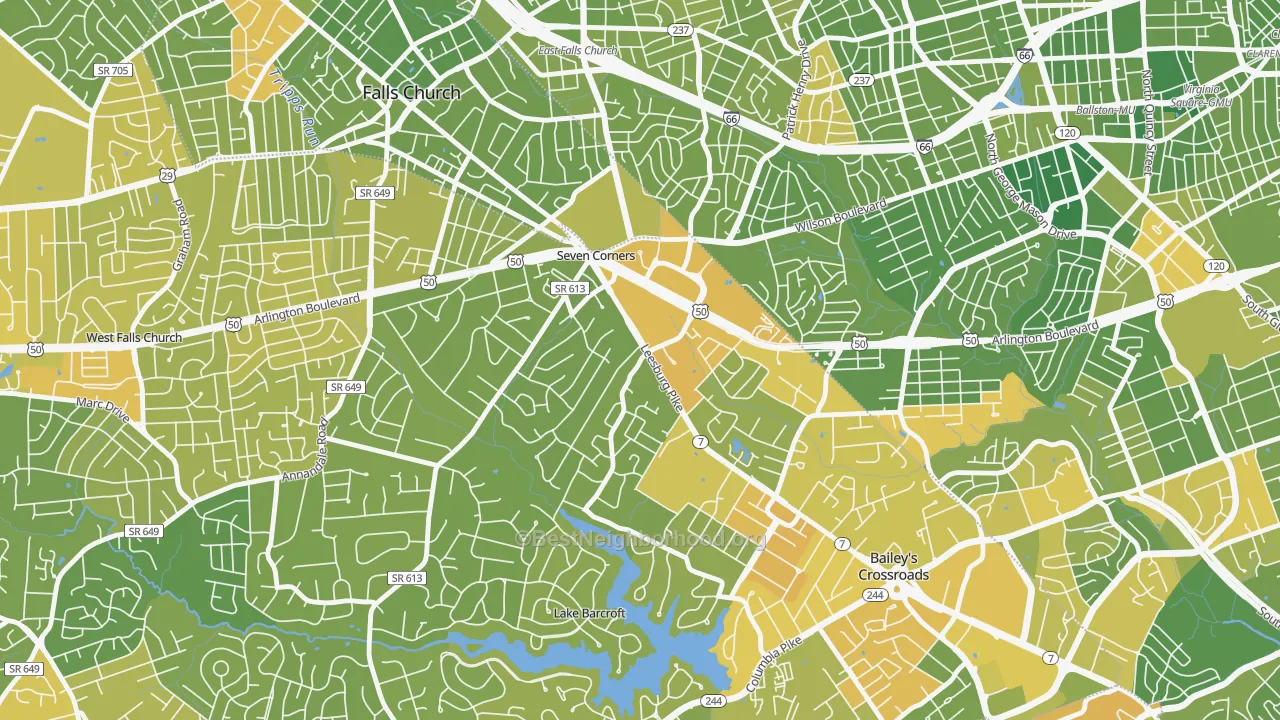 Map of the best neighborhoods in the 22044 area, with better matches in green and worse matches in red