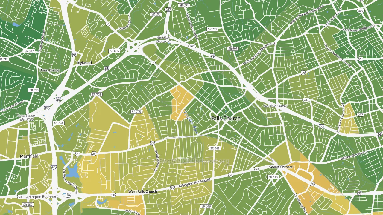 Map of the best neighborhoods in the 22046 area, with better matches in green and worse matches in red