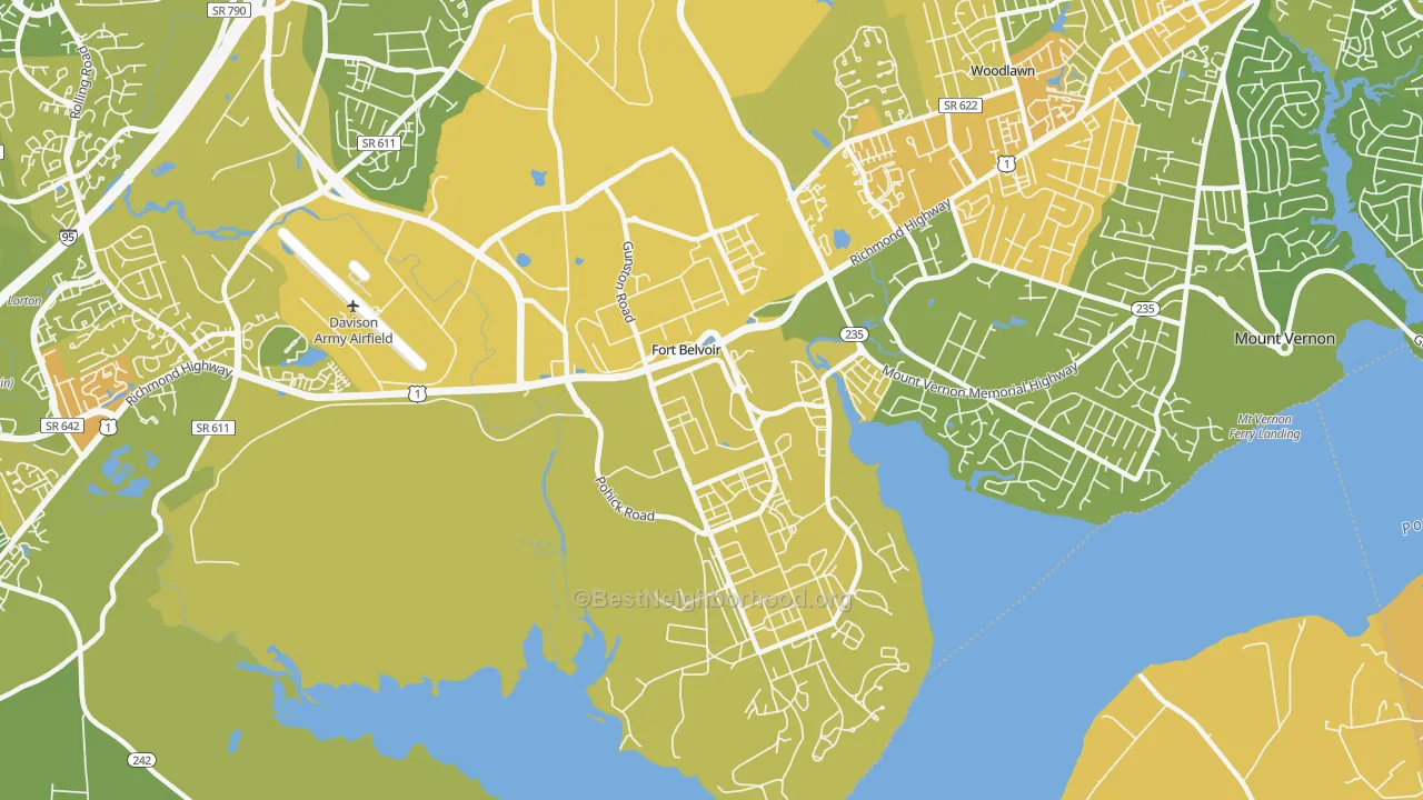 Map of the best neighborhoods in the 22060 area, with better matches in green and worse matches in red