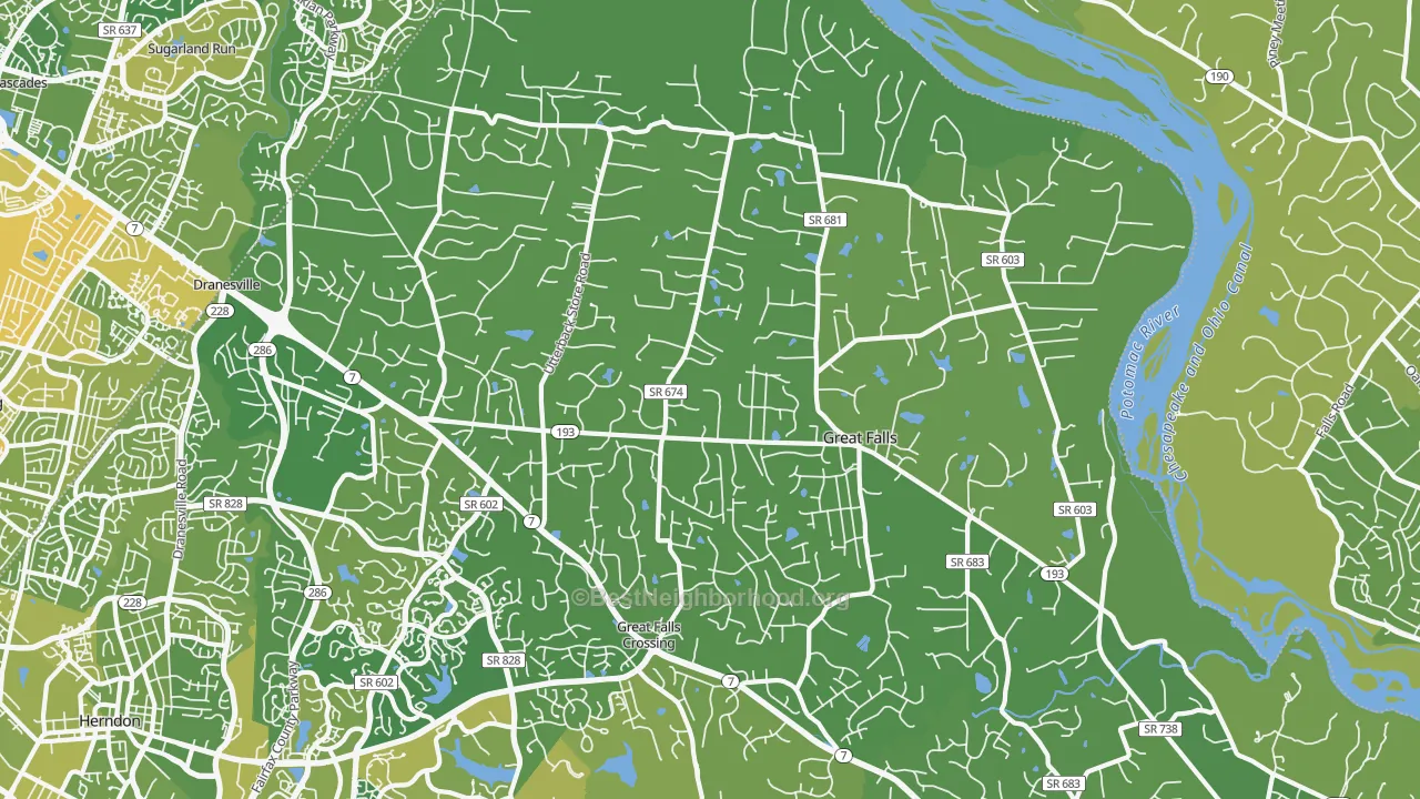 Map of the best neighborhoods in the 22066 area, with better matches in green and worse matches in red