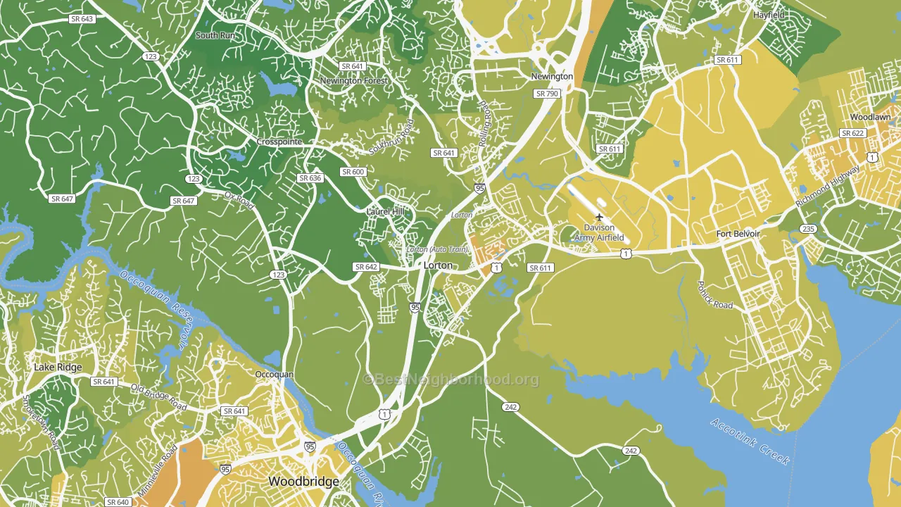 Map of the best neighborhoods in the 22079 area, with better matches in green and worse matches in red