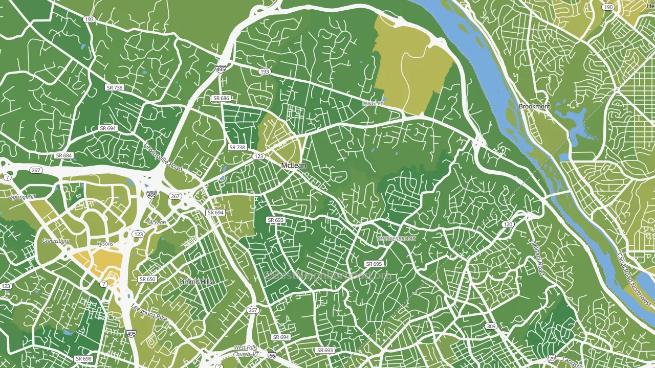 Map of the best neighborhoods in the 22101 area, with better matches in green and worse matches in red