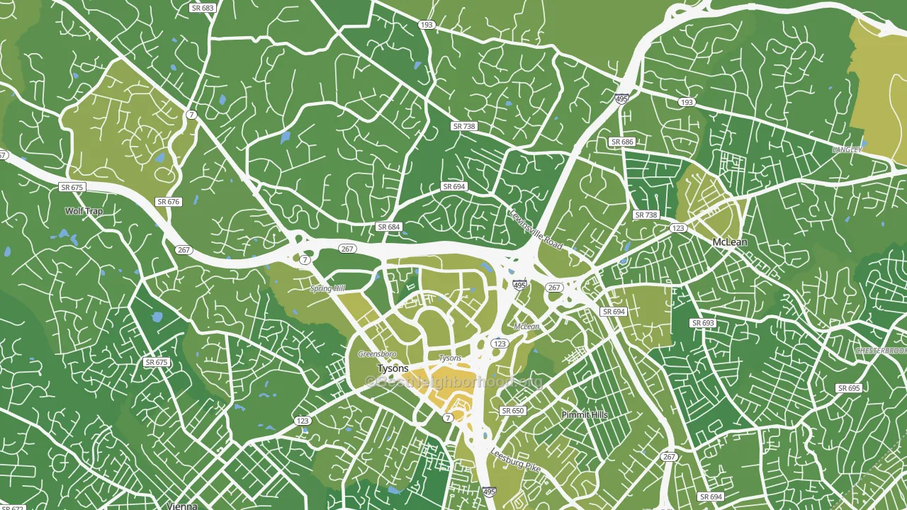 Map of the best neighborhoods in the 22102 area, with better matches in green and worse matches in red