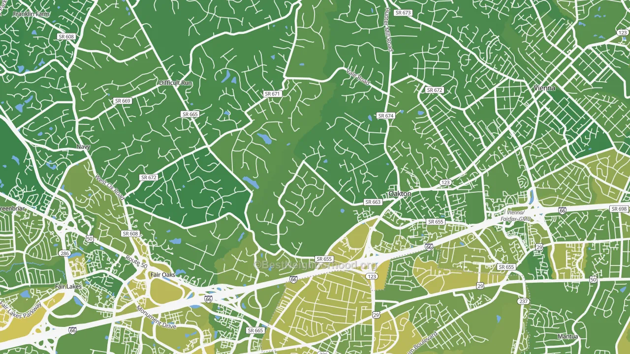 Map of the best neighborhoods in the 22124 area, with better matches in green and worse matches in red