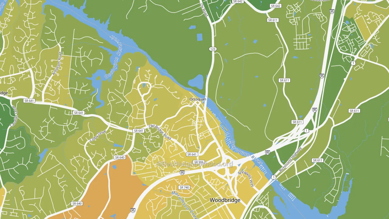 Map of the best neighborhoods in the 22125 area, with better matches in green and worse matches in red