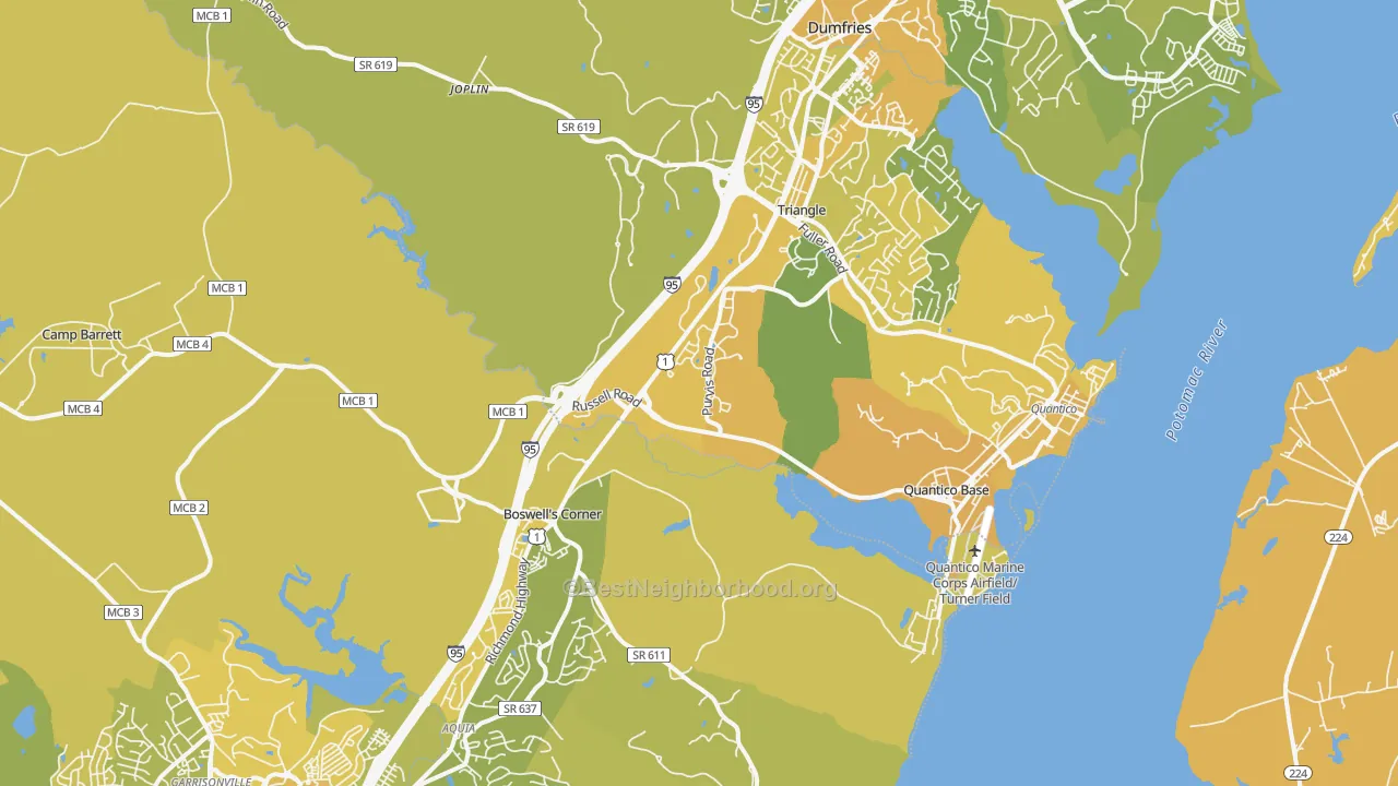 Map of the best neighborhoods in the 22134 area, with better matches in green and worse matches in red