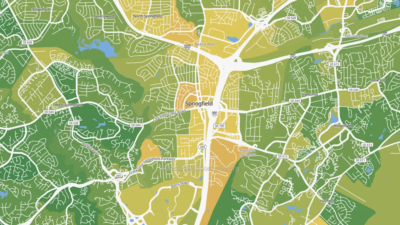 Map of the best neighborhoods in the 22150 area, with better matches in green and worse matches in red